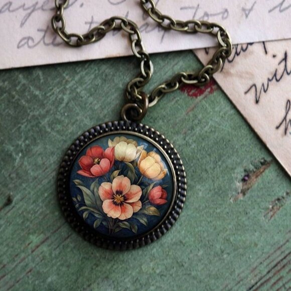 NEW - Moody Tulip Flowers Pendant Necklace - Glass Cabochon and Bronze - Spring - Picture 2 of 4